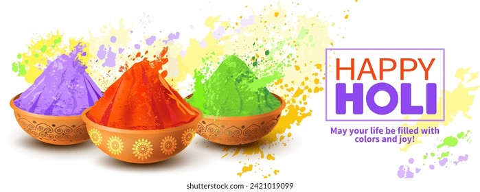 Holi festival greeting banner with bowls and gulal (paint). Vector illustration.