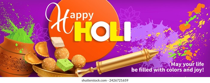 Holi festival greeting banner with gulal (dye), pichkari and sweets laddu. Template design for Indian festival of colors. Vector illustration.