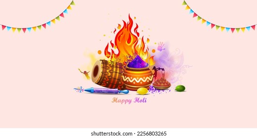 Holi festival greeting card. Indian Hindu traditional festival of Colors. Colorful color splash with Holika fire background.