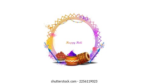 Holi festival greeting card template. Indian traditional festival of colors. Happy Holi text with fun and colorful splash background. Vector illustration.