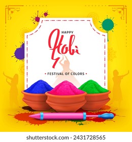 holi festival illustration with colorful liquid splatter, gulal in clay pot and watergun, pichkari on yellow background creative social media post template