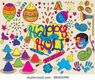 Holi festival illustration. Holi vector objects. Holi cards, greetings, advertisement. Indian spring festival. Holi festival of colors. Happy holi. Hand drawn.