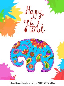 Holi festival India vector background. Illustration of colorful Holi pattern in Indian style with color baby elephant and calligraphic inscription: Happy Holi. Happy Holi lettering poster.