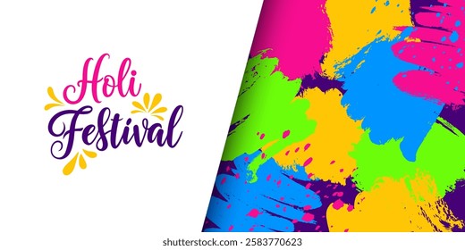 Holi Festival. Indian festival of colors, love and spring. Bright colored brush strokes with hand lettering. Festive graphic design for Holi greetings and party invitations. Vector illustration.