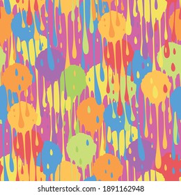 Holi festival inspired paint drip seamless vector pattern background. Irregular tropical color dripping painterly bulging drops backdrop. Abstract textural design. Fun repeat for summer celebration