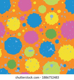 Holi festival inspired paint spatter circles seamless vector pattern background. Irregular tropical color painterly spots backdrop. Textural brush dotted design. Fun dots repeat for summer celebration