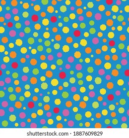 Holi festival inspired paint spatter circles seamless vector pattern background. Irregular tropical color painterly spots backdrop. Organic brush dotted design. Fun dots repeat for summer celebration