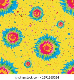 Holi festival inspired paint tie dye circles seamless vector pattern background. Irregular tropical color painterly spatter design on speckled confetti textured backdrop. Fun repeat for summer