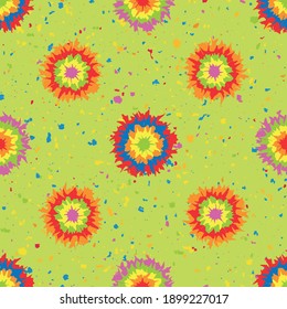 Holi festival inspired paint tie dye circles seamless vector pattern background. Geometric tropical color painterly spatter design on speckled confetti textured backdrop. Fun repeat for summer beach