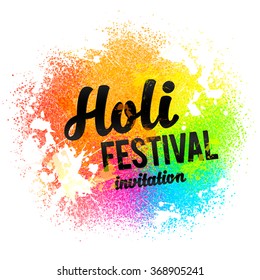 Holi festival invitation vector black sign on rainbow colors paint powder and drops background