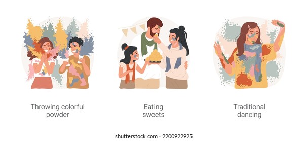 Holi festival isolated cartoon vector illustration set. Young diverse people throwing colorful powder, having fun, eating traditional sweets, dancing at Holi festival, celabration vector cartoon.