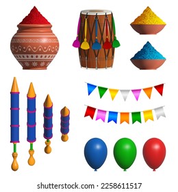 Holi festival isolated elements. Set of traditional indian festival objects. 