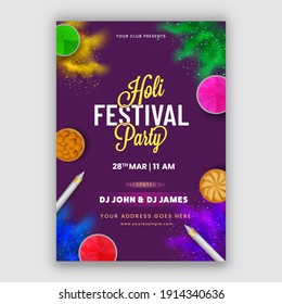 Holi Festival Party Flyer Design In Purple Color With Top View Of Indian Sweets, Color Guns And Powder (Gulal) Bowls.