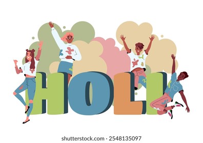 Holi festival people. Boys and girls with spots of paints at clothes. Fun and joy, leisure. Traditional street festival. Poster or banner. Flat vector illustration isolated on white background