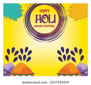 Holi festival poster, featuring bright colors and festive designs on a bright yellow background. Perfect for capturing the spirit and energy of India's traditional celebration of color. 