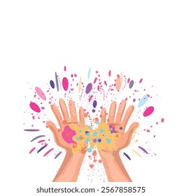 Holi festival poster featuring hands throwing colorful powder and water splashes on a white background