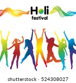 Holi Festival poster with people jumping. Greeting card for Spring festival of colors Holi Festival . Vector illustration of Happy Holi.