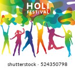 Holi Festival poster with people jumping. Greeting card for Spring festival of colors Holi Festival . Vector illustration of Happy Holi.