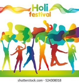 Holi Festival poster with people jumping. Greeting card for Spring festival of colors Holi Festival . Vector illustration of Happy Holi.