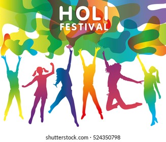 Holi Festival poster with people jumping. Greeting card for Spring festival of colors Holi Festival . Vector illustration of Happy Holi.