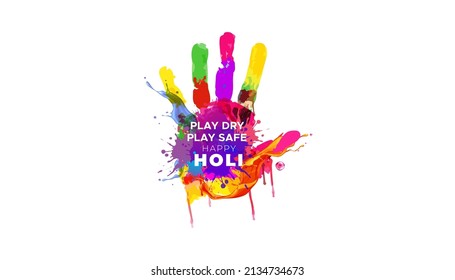 Holi festival poster wishing card design with splash of colors, handprint and massage