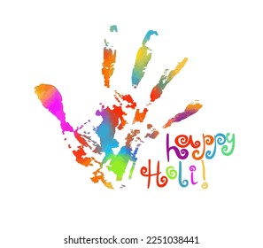 Holi festival poster wishing card design with splash of colors, handprint and massage