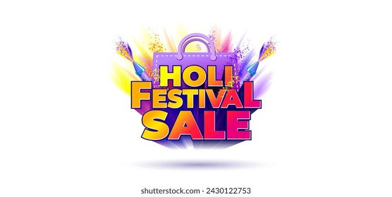 Holi festival sale 3d vector text with Shopping bag and color splash. Holi Festival sale promotional concept.