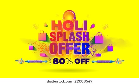 Holi festival sale banner design with text Holi Splash Offer. Holi Colorful background with Shopping bag and saving offer logo