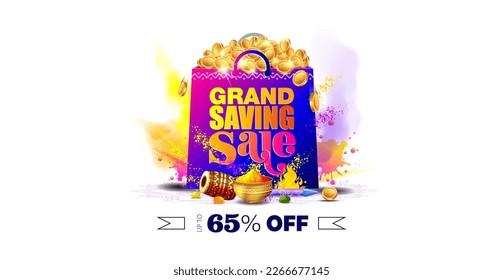 Holi Festival Sale offers discount and deals. Colorful big shopping Bag with filled of money, golden coins. Grand Saving Sale text and festive background.