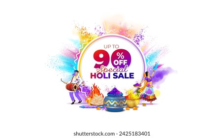 Holi festival Sale shopping discount and promotional offer Logo poster background. Colorful Holi color splash with 90% off text design for Retail sales and deals.