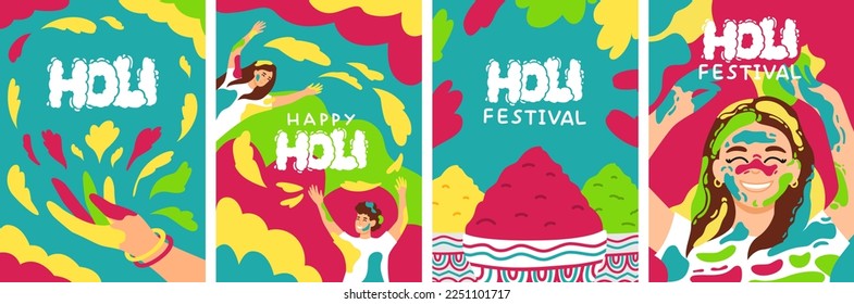 Holi Festival Set Plakate oder Karte für die Hindu Tradition Urlaub, Party und Veranstaltung, Zeichnungen von glücklichen Menschen, verschmieren einander mit Farben