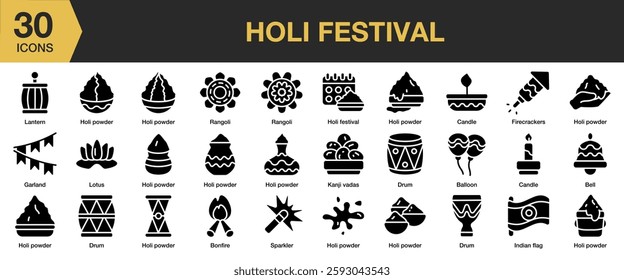 Holi Festival solid icon set. Includes festival, celebration, colorful, color, india, and More. Solid icons vector collection.
