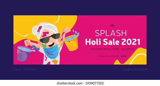Holi festival splash sale Facebook cover page design template. Vector graphic illustration.