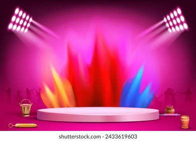 holi festival stage background design with gulal powder blast, stage light and holi elements illustration