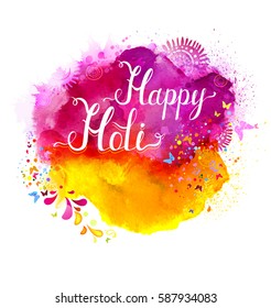 Holi festival vector banner with white lettering on pink, magenta and yellow watercolor stains. Abstract bright background for Indian holiday.