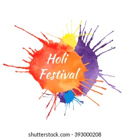 Holi Festival watercolor vector background concept design element and sample text. Blue, yellow, red, orange and violet paint.