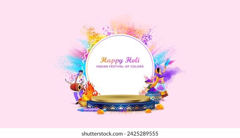 Holi festival website banner for Product promotion advertisement template design. 3d podium, product display studio pedestal stage with Happy Holi Indian festival of colors Text.