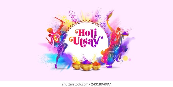 Holi festive greeting card. Holi color splash and pot.