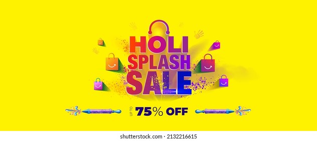 Holi festive Sales and saving website ecommerce banner header design with shopping bags. Text Holi splash sale and colorful festive bacground