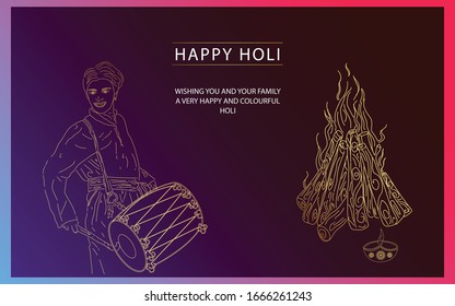 Holi Festivel Illustration with Holika Dahan & Dhol Ceibration  Hppy HOLI Vector Eps 10 