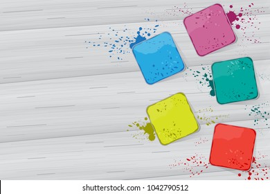 Holi flat lay isolated on gray wooden background. Hand drawn collection for web site,greeting card,poster,placard and wallpaper. Creative art concept, vector illustration eps 10