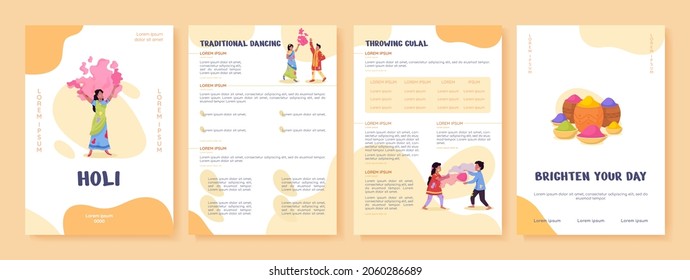 Holi Flat Vector Brochure Template. Festival Of Colors. Flyer, Booklet, Printable Leaflet Design With Flat Illustrations. Magazine Page, Cartoon Reports, Infographic Posters With Text Space