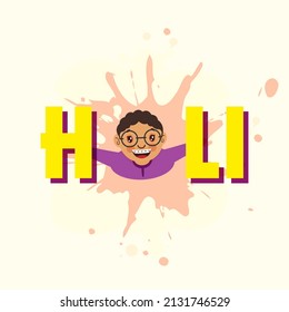 Holi Font With Cheerful Boy Looking Up And Peach Splash Effect On Pastel Yellow Background.