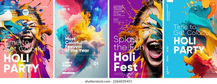 Holi, great design for any purposes. Set of vector illustrations. Happy festive background. Festive banner. Typography design and vectorized 3D illustrations on the background. - Shutterstock ID 2266035451