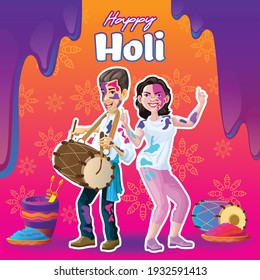 Holi Greetings with cheerful dancer and drummer