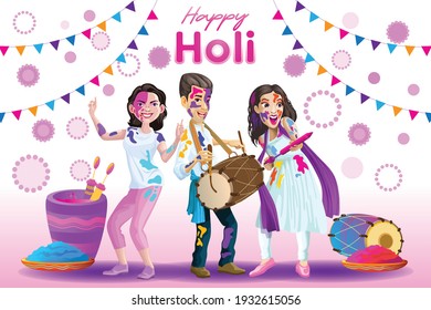 Holi greetings with joyful Indian dancers and drummer