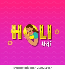 Holi Hai (It's Holi) Text With Cheerful Girl Eating Gujia On Gradient Pink And Magenta Background.