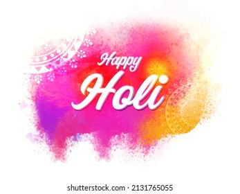 Holi Hai! (es ist Holi) Text mit glänzenden Schalen voller trockener Farbe (Gulal) und bunter Pulver Splash-Effekt auf weißem Hintergrund.