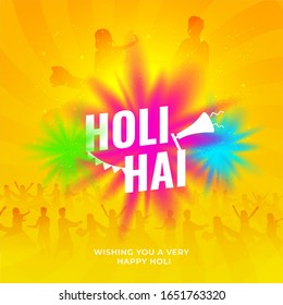 Holi Hai (It's Holi) Text and Silhouette People Enjoying or Celebrating Festival of Colors on Yellow Background.