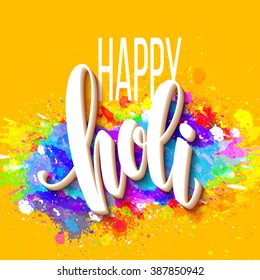 holi happy festival colors greeting background powder paint text lettering vector illustration poster